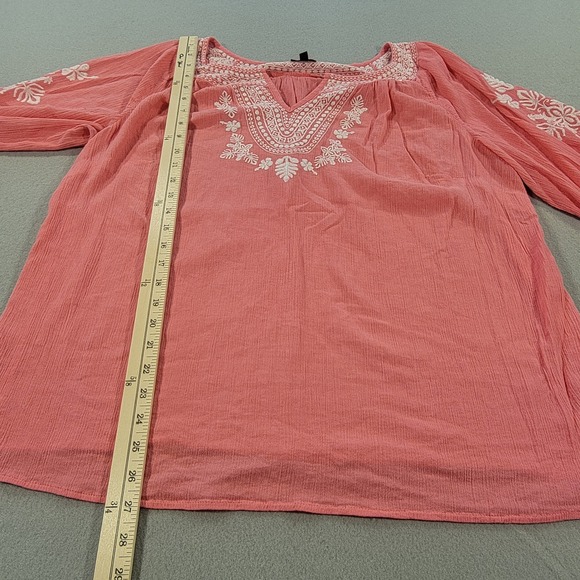 Talbots Plus Embroidered Peasant Top Coral Boho Womens 1X Blouse 3/4 Sleeve - Picture 9 of 10